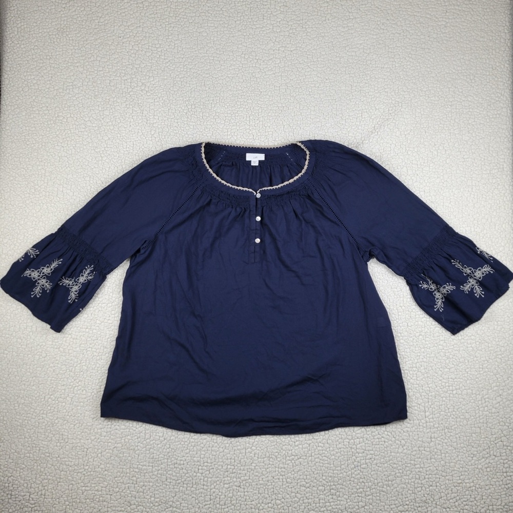 J Jill Blouse Women’s Size XL Navy Blue Floral Embroidery Peasant Boho